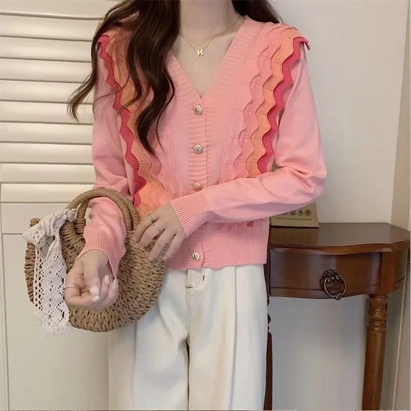 Fashion Sense of Design Patchwork Wave Edge Knitting Cardigan Personality Button Loose Coat Women Classic Long Sleeve V-neck Top