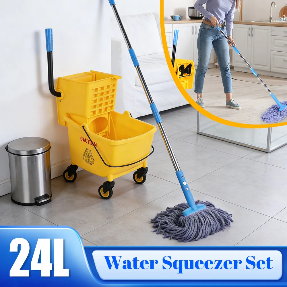 

24L Mop Water Squeezer with Wheels Plastic Bucket Mop Wringer Wear Resist Creative Trolley Mop Bucket for Home/Restaurant/Hall