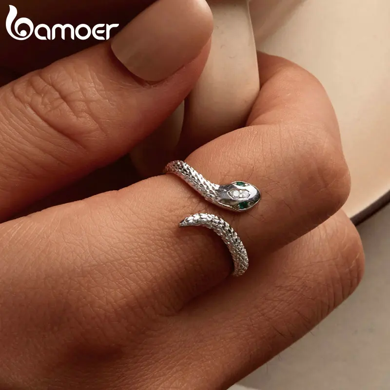 Bamoer 100% 925 Sterling Silver Viper Snake Open Ring Green Zircon Platinum Plated Rings colorful For Women Jewelry Gift Party