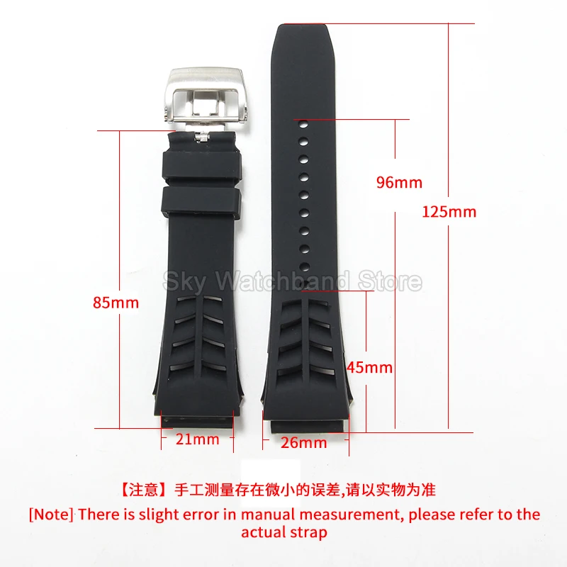 For Richard MILLE Black Silicone Watch Strap 21x26mm Convex Interface Folding Buckle Odor Resistant High Elasticity Quick Dry