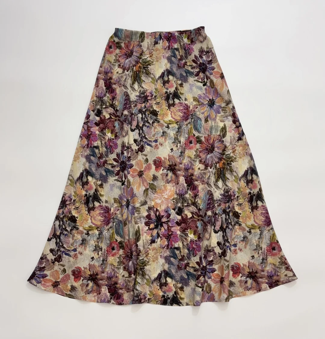 2026 Women's Oil Painting Printed Half Skirt 100% Silk Elastic Waist Fashion Ladies Midi Skirt