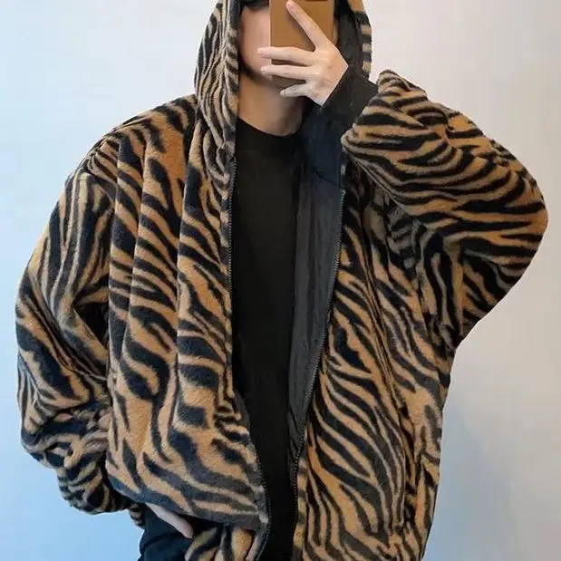 Imitation rabbit hair and tiger pattern hooded on both sides Retro versatile thick coat cotton coat trendy winter men's clothing