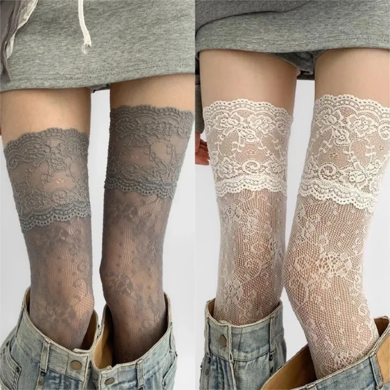 Damen Sexy Spitze Blumen Netzstrümpfe Kostüme JK Lolita Oberschenkelhohe Socken Nylon Mesh Atmungsaktive Overknee-Strümpfe