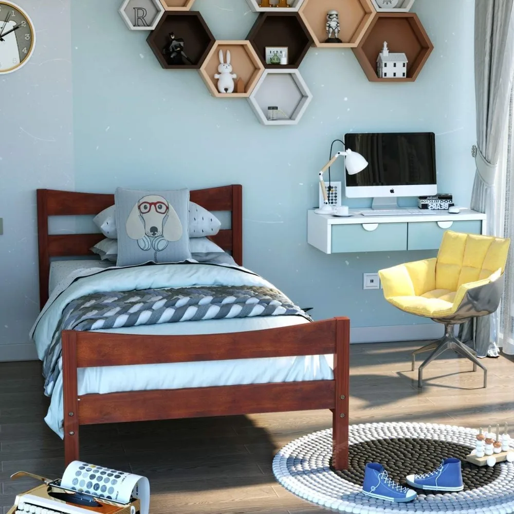 

Каркас деревянной кровати Giantex Twin Size, кровать-платформа в деревенском стиле с изголовьем и изножьем, опора из массива дерева, пружина коробки не требуется