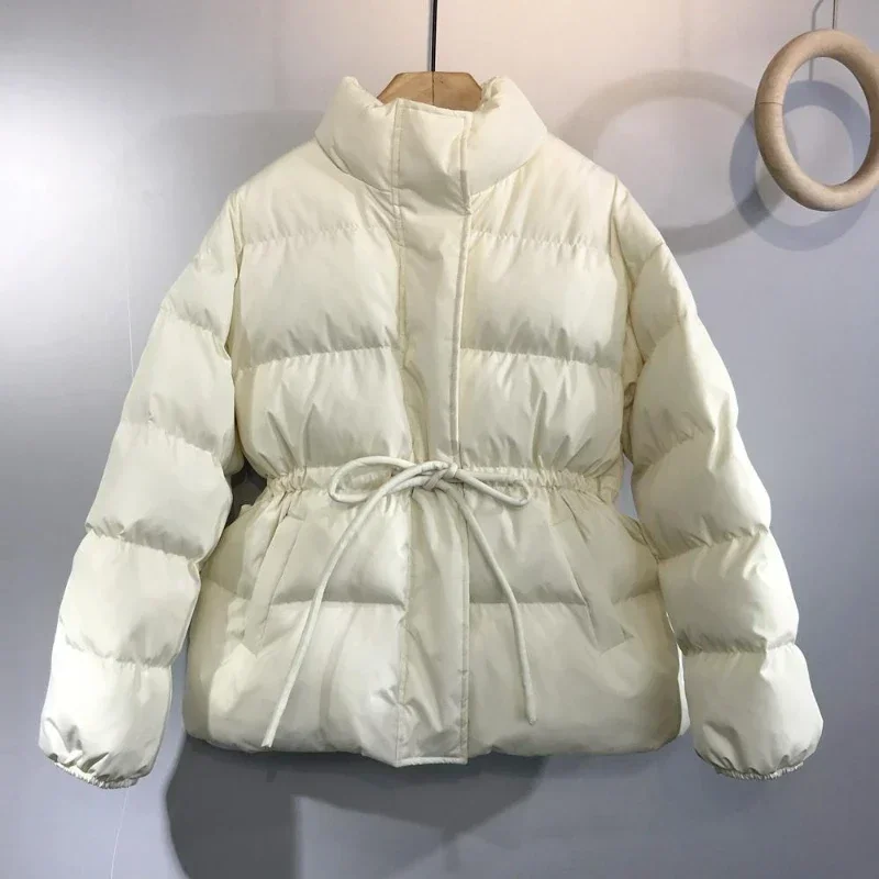 Cotton-padded Women Winter New Korean Version of Ins Short Waist Stand Collar Drawstring Thickened Cotton-padded Cloth Coat 2025