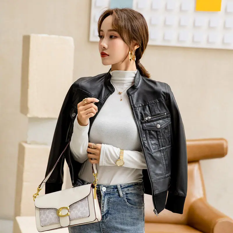 

Autumn Sheepskin Bomber Coat Women's Leather Jacket High Waist Slim Short Motorcycle Jacket Female Roupas Femininas
