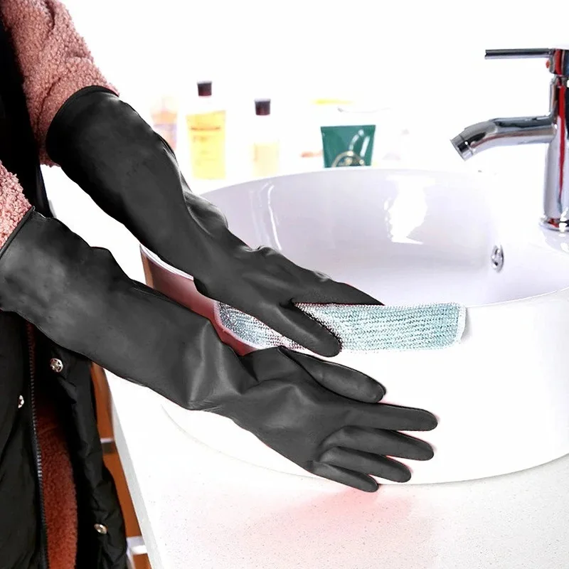 35cm Cleaning Gloves Latex Fingers Crubbing Rubber Kitchen Dishwashing Kitchen Tools Washing Scrub Silicone Gloves Black New