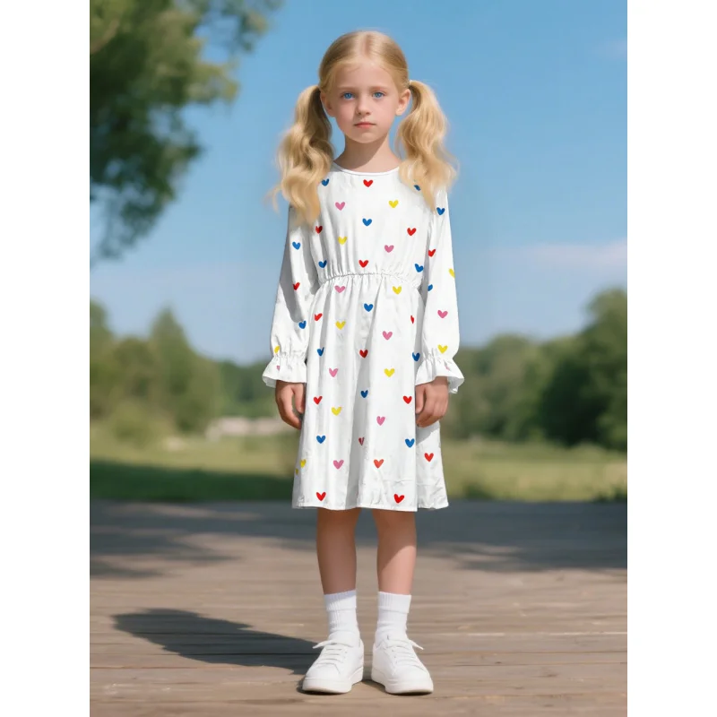 

Модное платье с длинными рукавами и принтом сердца для девочек