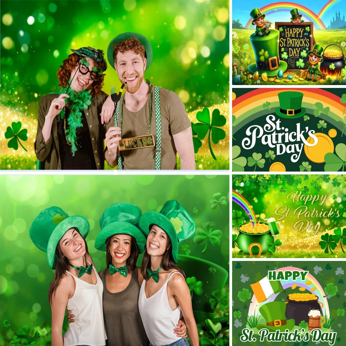 خلفية عيد القديس باتريك السعيد أيرلندا الربيع لاكي جرين شامروك قبعة قوس قزح عملة ذهبية للأطفال البالغين خلفية حفلة المهرجان #1