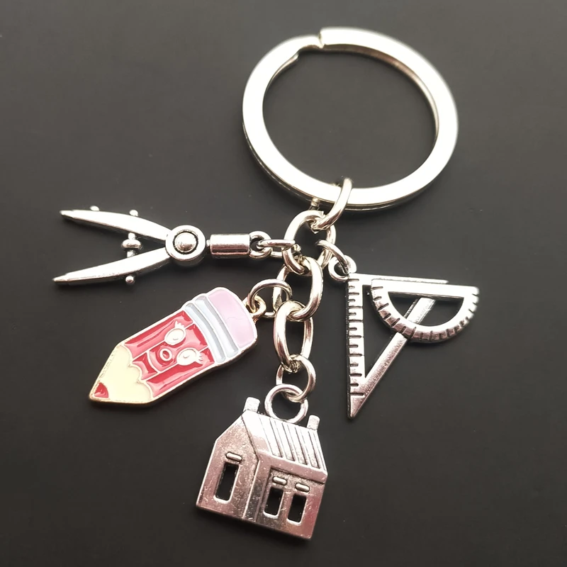 New House key ring Compass Ruler Keychain Real Estate Architect Keychain Engineer Engineering Student Drawing gifts