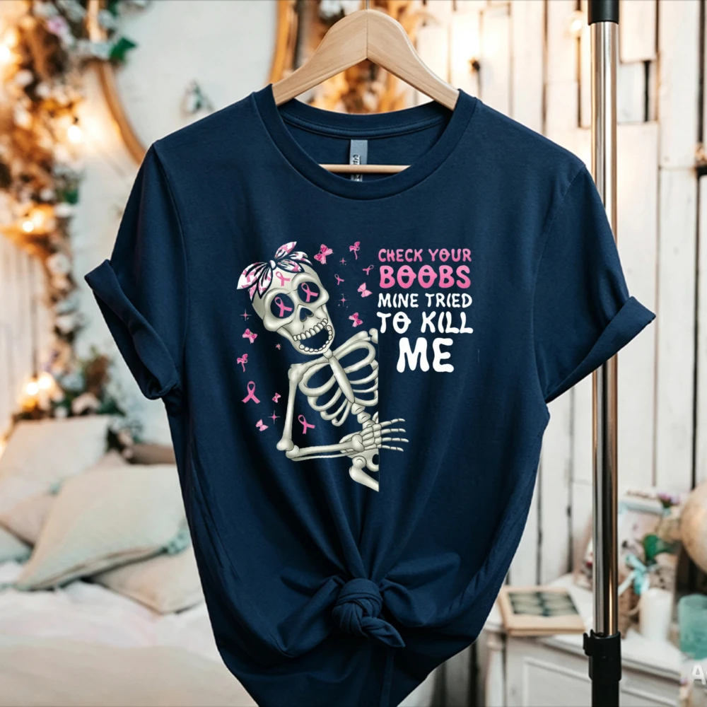 Check Your Boobs Skeleton Pink Ribbon T Shirt Women Breast Cancer Awareness Halloween Warrior Support Short Sleeve Tee Tops