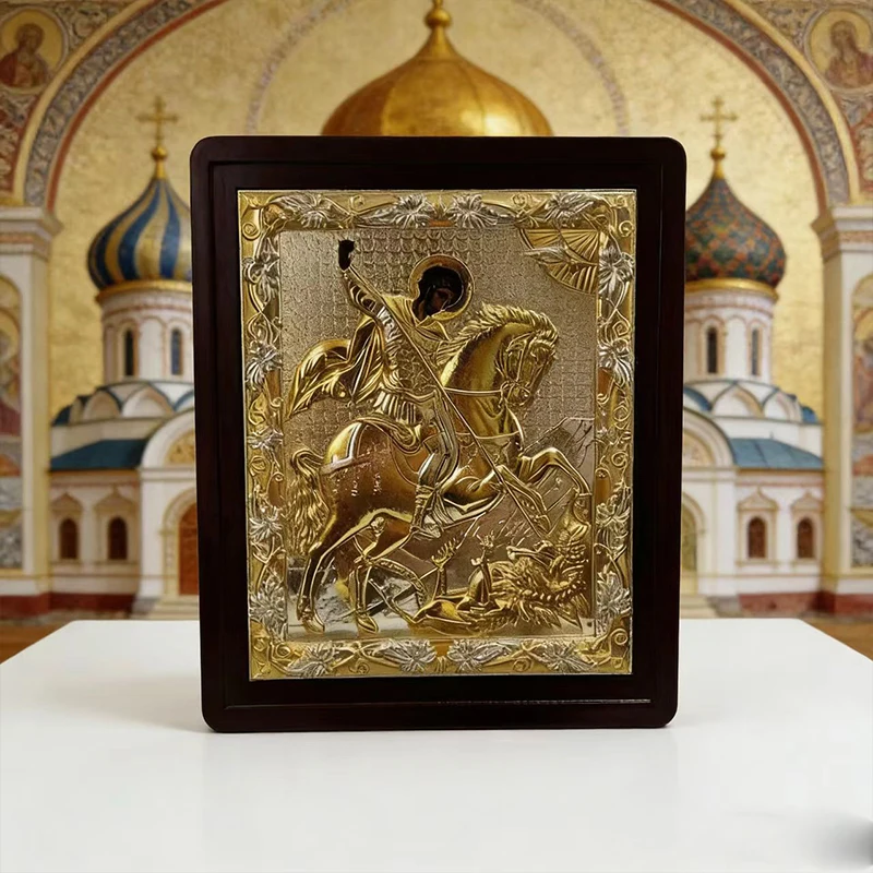 

Gold Silver Plated Orthodox Catholic Saint George Icon with Wooden Frame for Church Liturgy Home Altar Prayer Devotion Christian