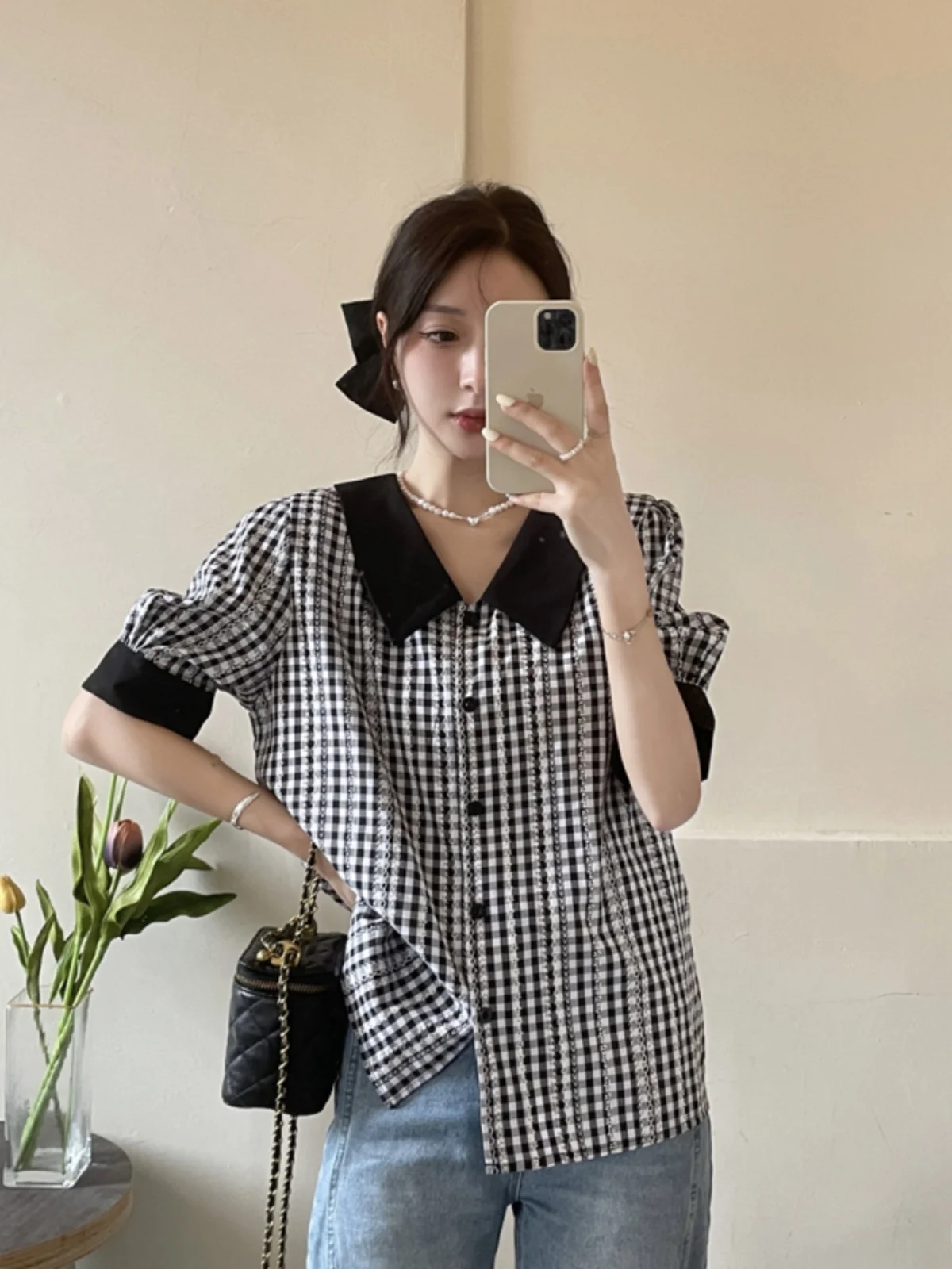 

Retro Bla White Plaid Loose Fit ort Sve Women's irt Baby Collar Versatile Slimming Turn-down Collar Summer Top