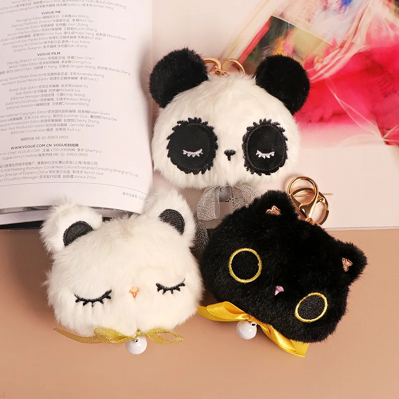 New Cartoon Cute Little Panda Head Plush Coin Purse Ins Closed Eyes Cat Plush Coin Purse Headphone Bag Backpack Pendant