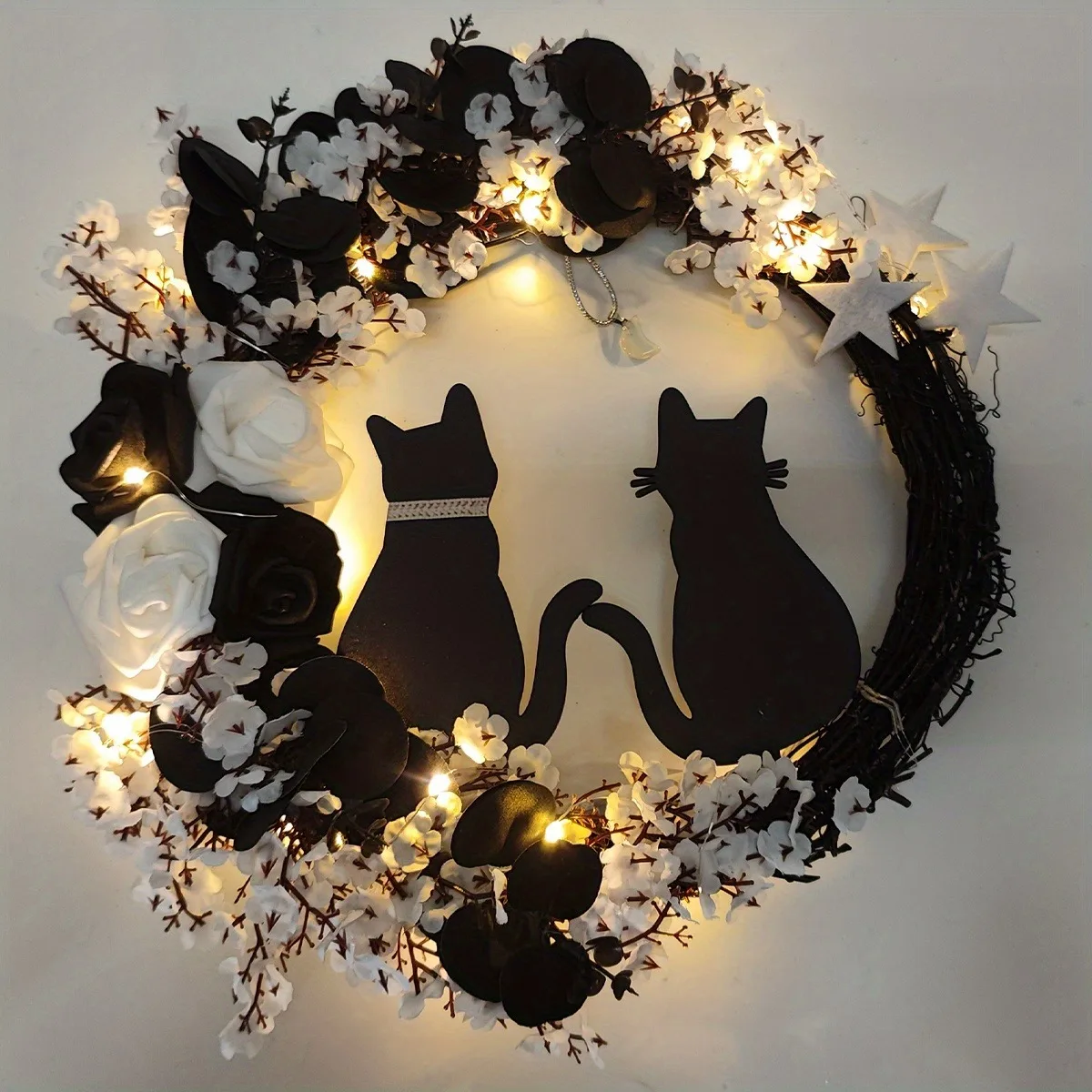 Black Cat Wreath Halloween Decor for Home, Spooky Halloween Decorations Crescent Wreath for Front Door Window Home Holiday Party