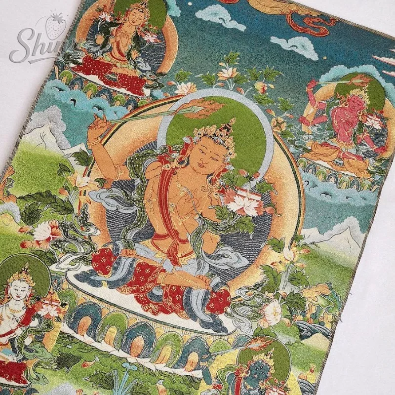 35.4″ Statue of Manjusri Bodhisattva Brocade Tibetan Tangka Embroidery Painting Gold Thread
