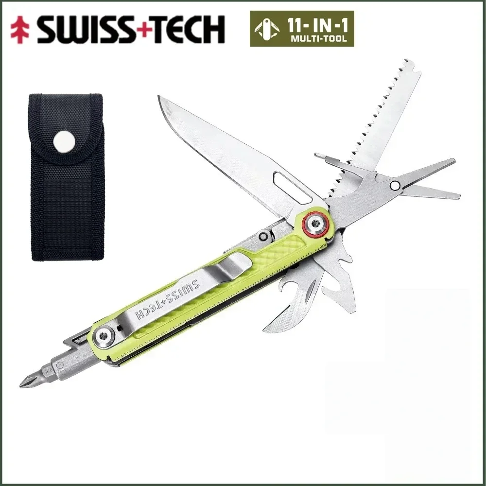 SWISS TECH 11-in-1 schaar, schroevendraaier, mini-messetje, draagbaar gereedschap voor buitengebruik, survival, kamperen, EDC-gereedschap en gadgets