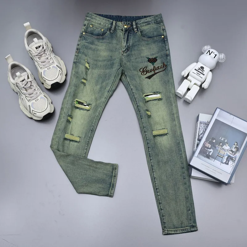 

Vintage blue ripped jeans men's summer fashion embroidered slim pencil pants stretch washed thin skinny long pants