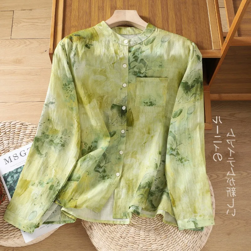 Women Chinese Style Floral Print Linen Shirt Spring Autumn Loose Casual Stand Collar Blouse