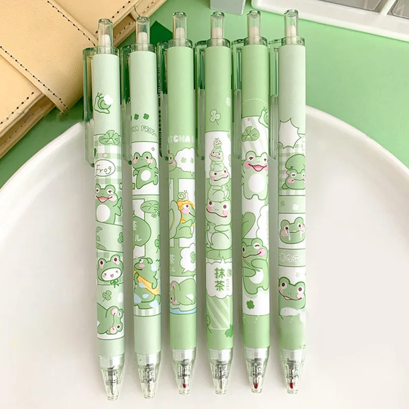 6-Pack Cute Matcha Frog Gel Pens: Smooth Writing, Medium Point, Retractable - Perfect for Students & Office