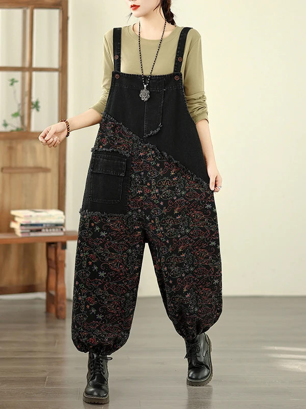 Casual Printed Denim Overalls Women's plus Size Faionable Personali Wide Leg Pants High Waist Straight Cut Spring Season