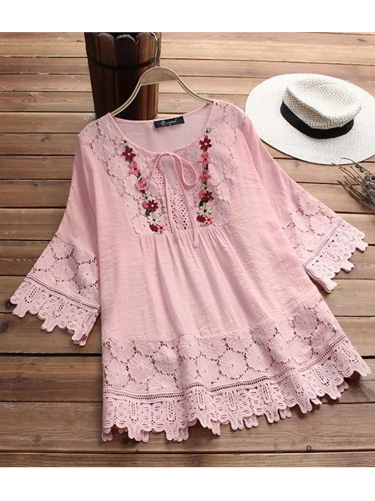 Summer Women Casual Solid Tops Shirt Cotton And Linen Stitching Lace Flower V-neck Loose Top Blouse New Elegant Holiday Shirts