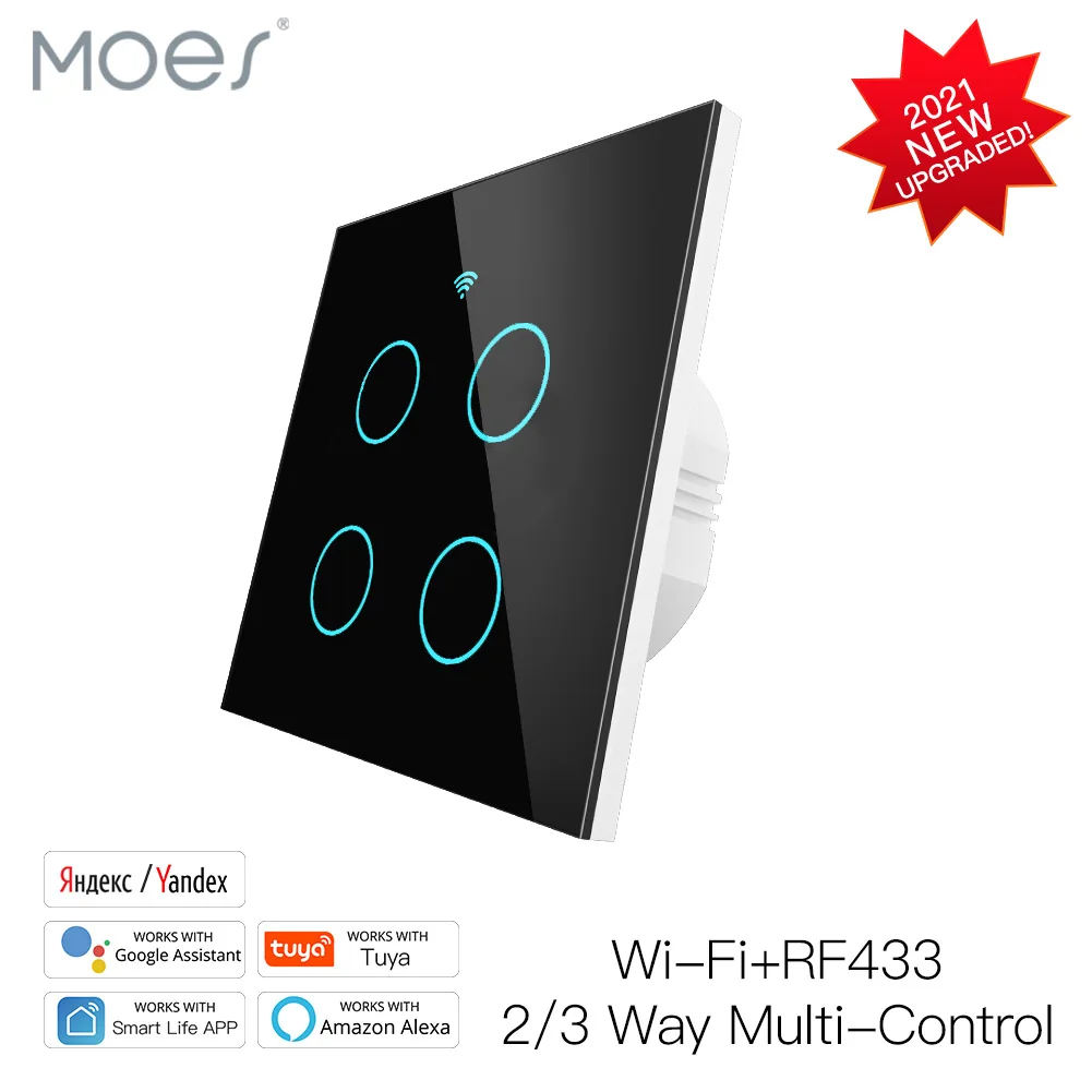 WiFi Smart 4 Gang Glass Panel Switch Smart Life/Tuya App Multi-Control Association Voice Control with Alexa Google 2/3 Way EU