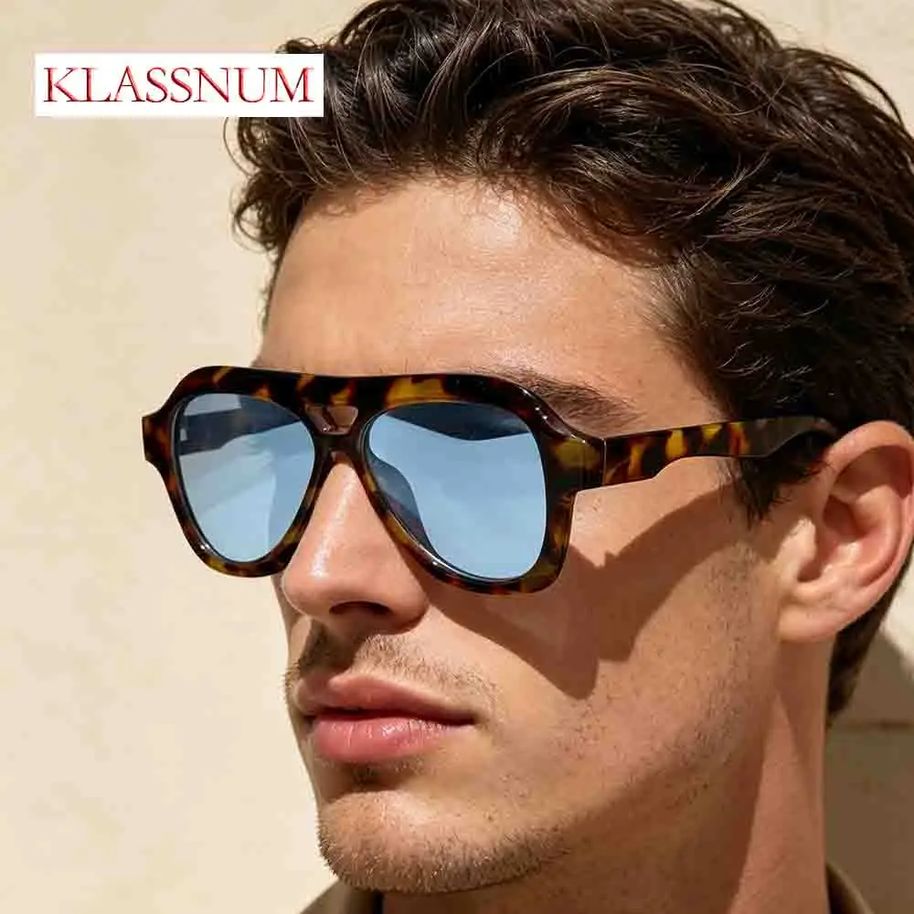 KLASSNUM Sunglasses Men AviatorS Shades Thick Frame UV400 Tortoiseshell Retro Eyewear Fashion Glasses Driving Large Frame