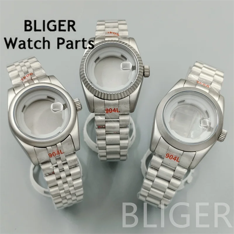 BLIGER-caja de reloj de acero inoxidable cepillado recubierto, 31mm, con correa, bisel redondo, cristal de zafiro ampliado, apto para movimiento NH05 NH06