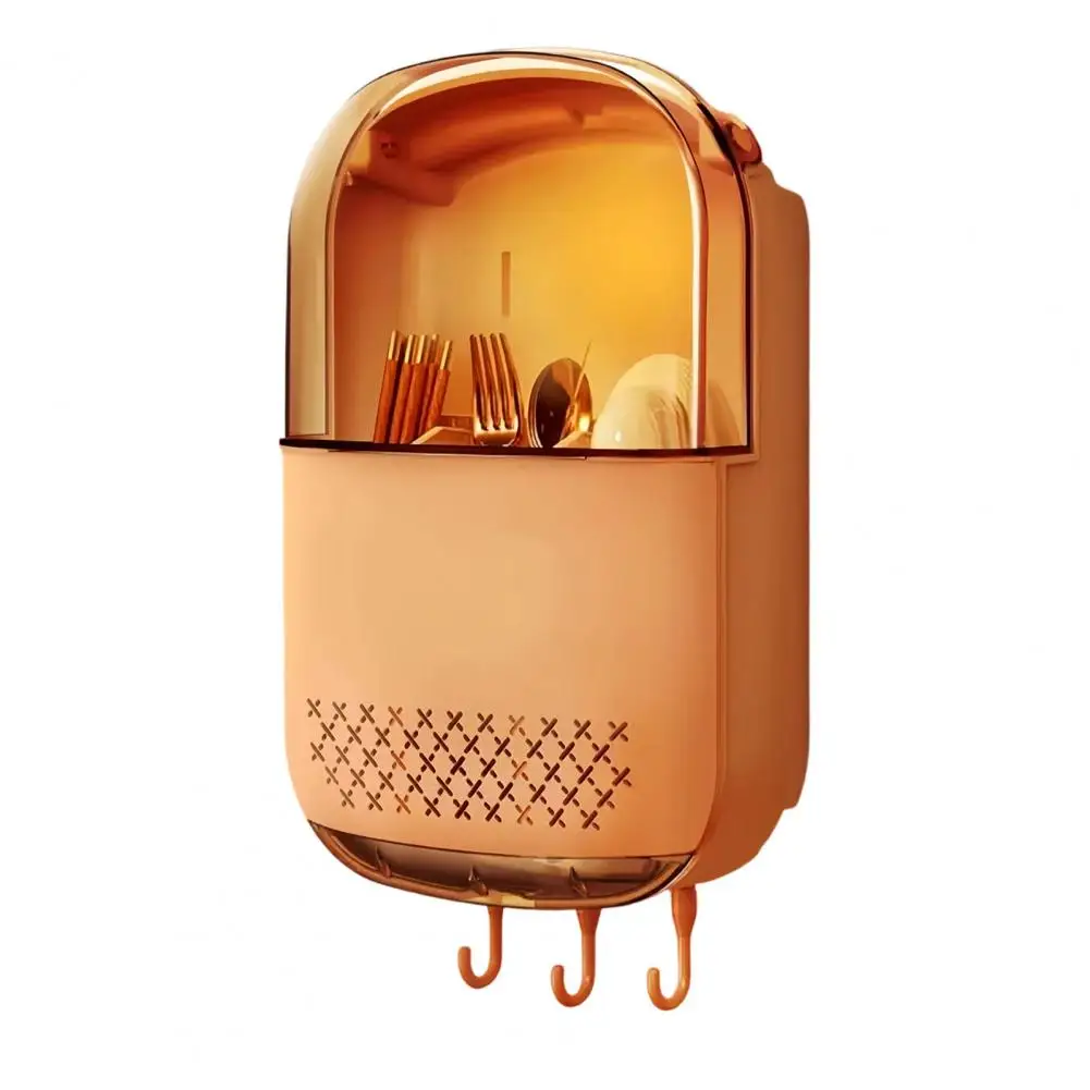 

Kitchen Utensil Organizer Wall-Mounted Cutlery Drip Tray Rack with Dustproof Clear Cover for Tableware