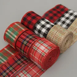 6M Christmas Checkered Wired Edge Weave Ribbon Plaid Black Red Green Diamond Check Pattern Craft Christmas Decoration Linen