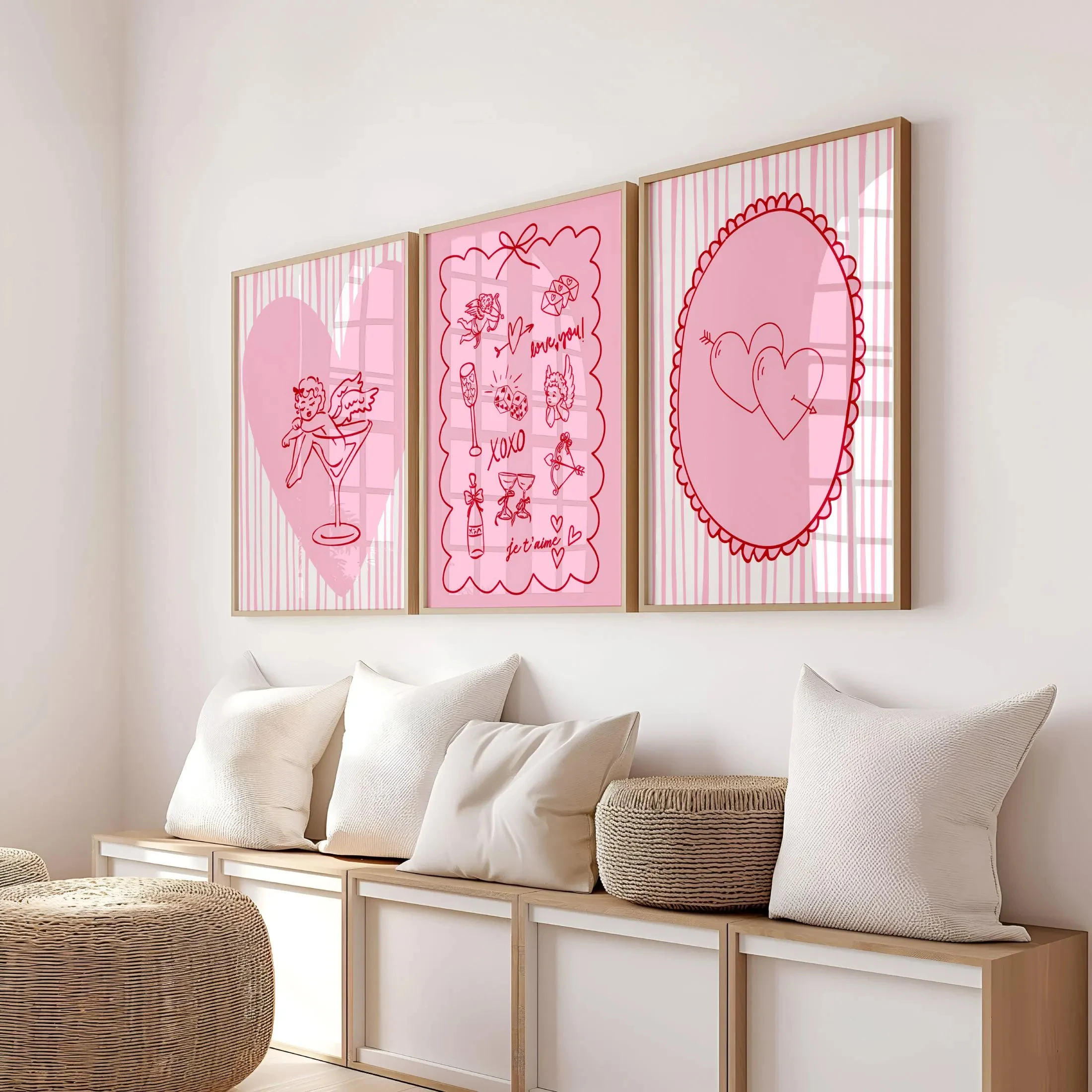 3PC Doodle Heart Red Love Prints Wall Art Pastel Valentine's Day Decor Cupid I Love You Poster Home Decor Valentine's Day Gifts