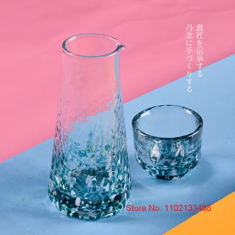 5 Pc Crystal Color Dot Hammer Pattern Sake Set 1 Pcs Sake Bottle And 4 Pcs Sake Cups Japanese Style Wine Decanter Shot Glass Set