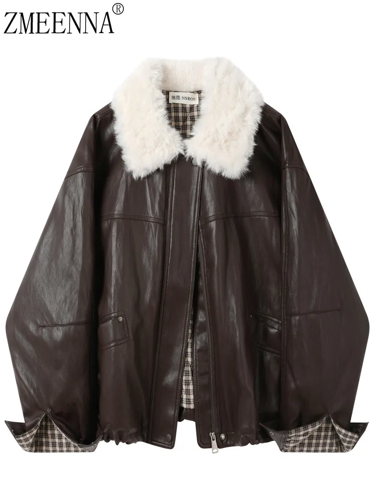 

ZMEENNA женская куртка из искусственной кожи большого размера с меховым воротником на молнии в клетку с манжетами зимняя верхняя одежда темно-коричневого цвета ZM4491