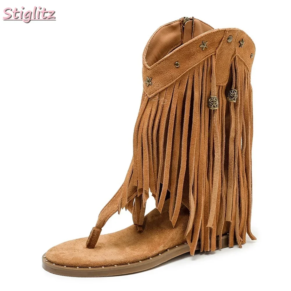 

Fringe Flip-flops Sandals Round Toe Solid Suede Side Zipper Western Boots Retro 2025 Spring Women New Roman Shoes Square Heel