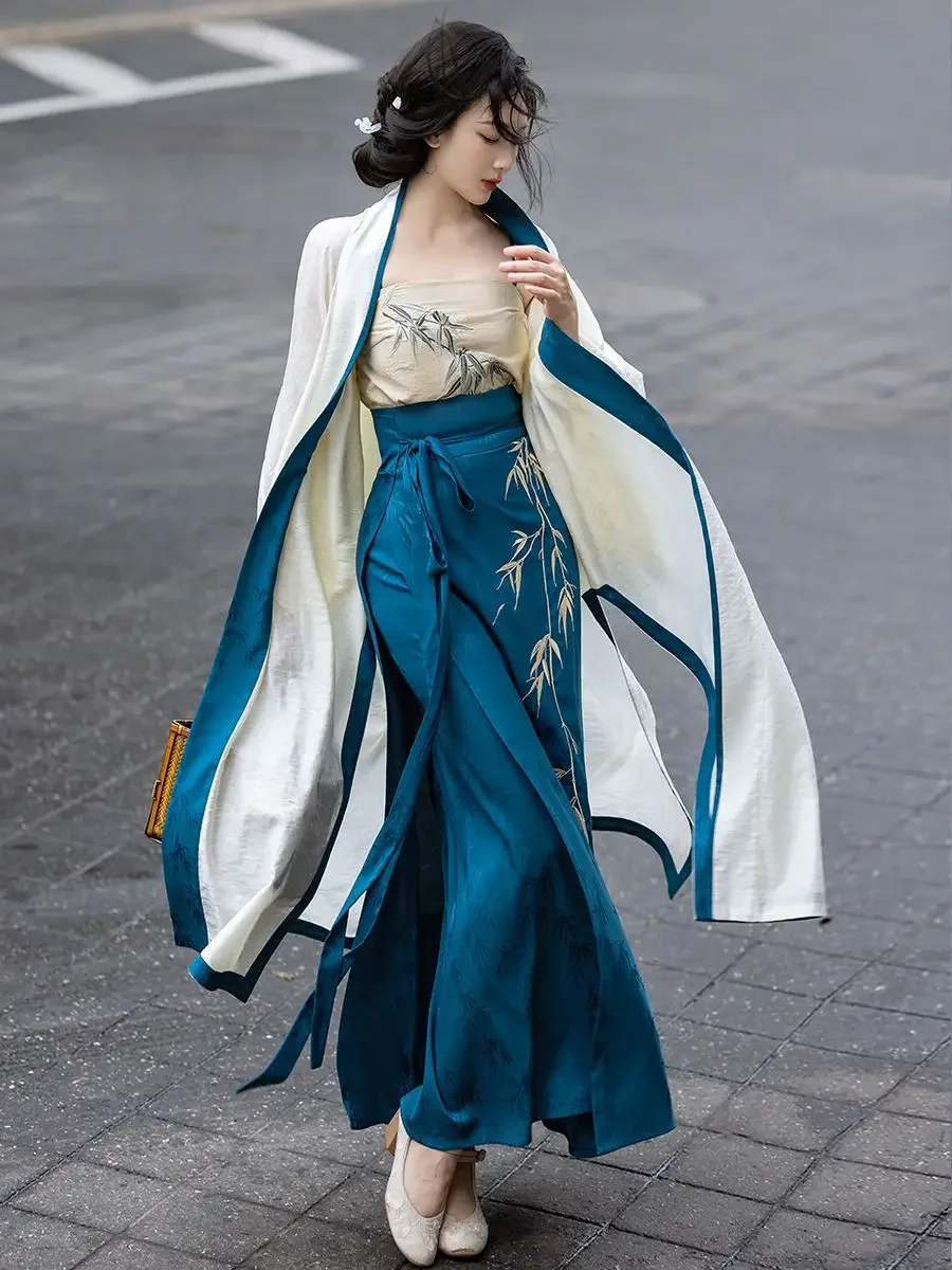 

Original Han Dress Girl Blue Hanfu Suit National Style Song Dynasty Spin Skirt Three Piece Set Heavenly Silk Jacquard Long Skirt