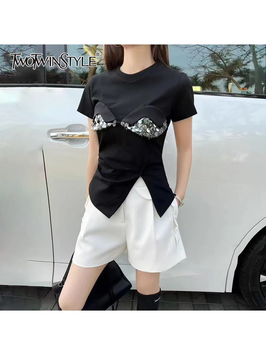 

TWOTWINSTYLE Soid Spliced Sequines Slimming T Shirts For Women O Neck Short Sleeve Tunic Temperament T Shirt Female Fashion New