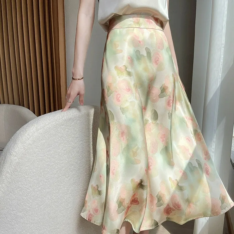 

2024 French Women Summer New Flower Print Casual Skirts Female High Waist Loose Thin Skirts Ladies Mid-long A-line Skirt B156