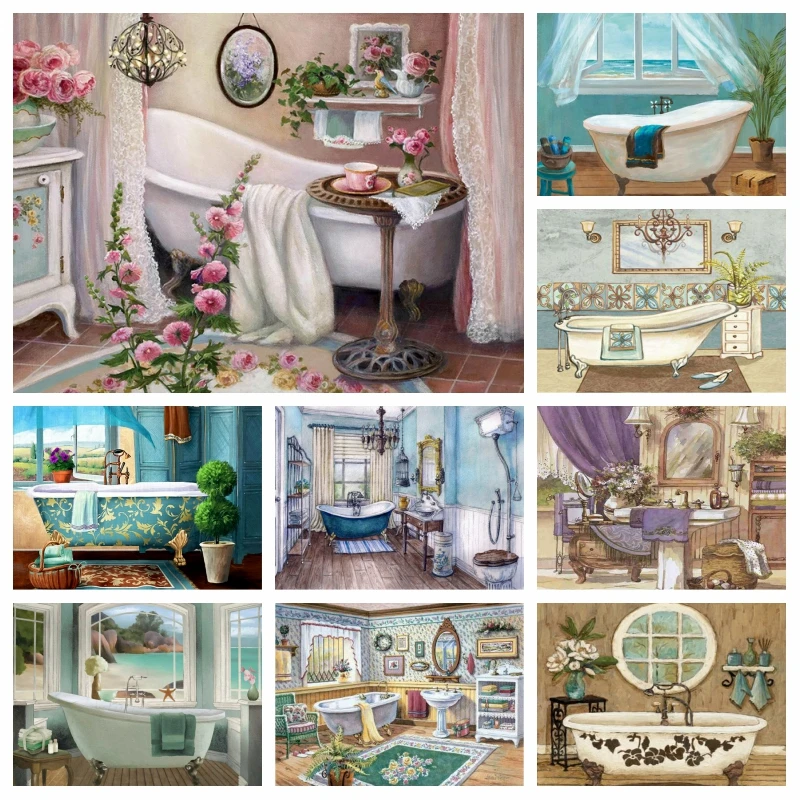 

Bathroom Bathtub And Toilet Scenery Diamond Embroidery Painting Full Square Drills Cross Stitch Wall Art Home Decor