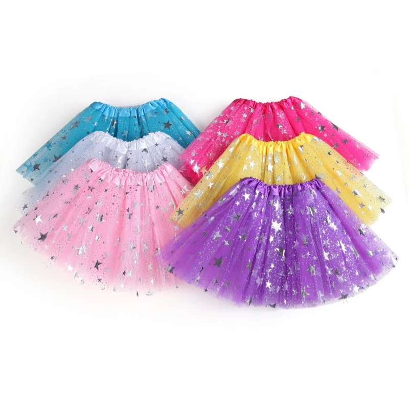 Children Tutu Skirt Silver Star Glitter Ball Gown Girl 3Layers Tulle Ballet Skirt Outfits Costume Princess Birthday Party Skirts