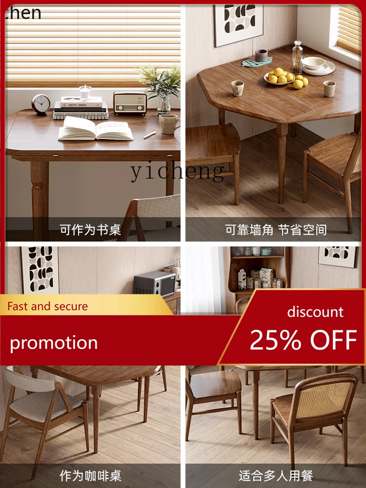 

HXL solid wood dining table deformable folding octagonal round table dual-purpose dining table and chairs