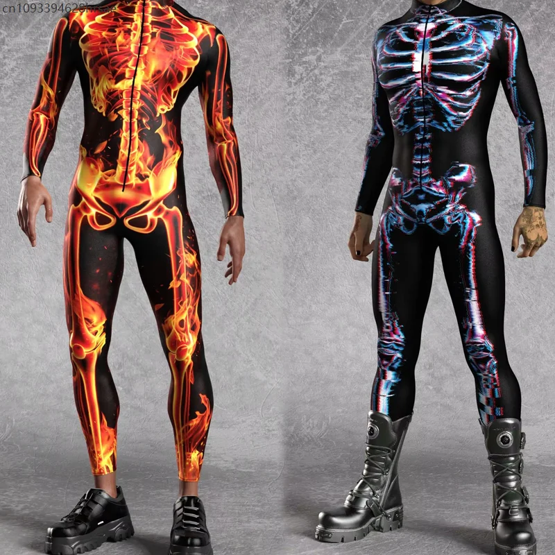 

Men Flame Skull Halloween Party Cosplay Horror Costume Jumpsuit Punk Blazing Skeleton Bodysuit Festival Stage Performance Outfit