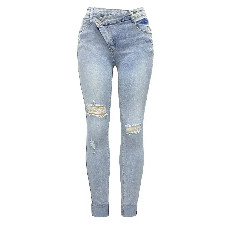 Große Damen jeans altmodisch zerrissene Jeans mit hoher Taille Damen Slim Fit kleine Füße Hosen S-2XL