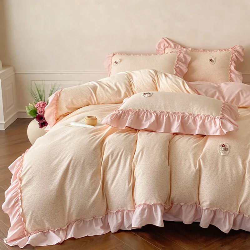 

Kapok двухслойный марлевый комплект постельного белья из четырех предметов, кружевное пододеяльник в горошек, мягкий дышащий чистый хлопок, дизайн в корейском стиле