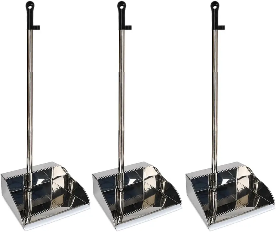 

3-Pack Heavy Duty Stainless Steel Dustpan with Adjustable Handle for Home and Office Cleaning