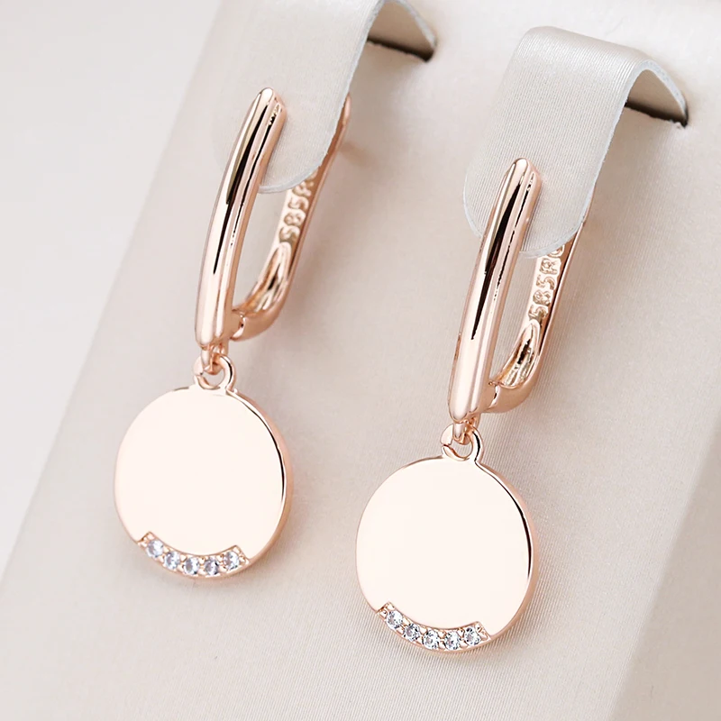 Kinel 585 Rose Gold Color Round Coin Dangle Earrings for Women Simple Fashion Party Fine Jewelry Glossy Natural Zircon Earrings