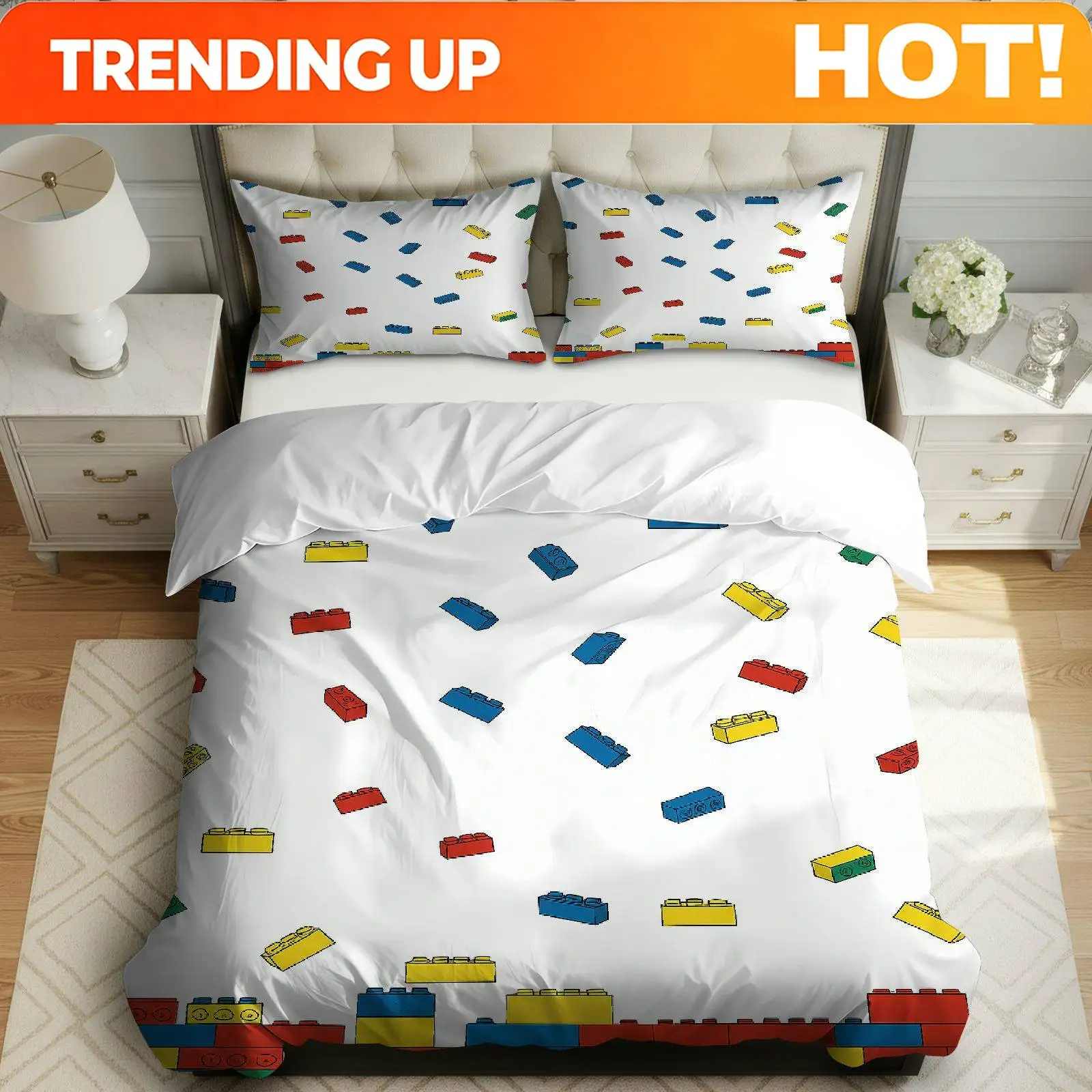 Customize 3pcs bedding Including 1 Duvet And 2 Pillowcases (Filler Not Included), Featuring a Fun Theme of Colorful Building Blo