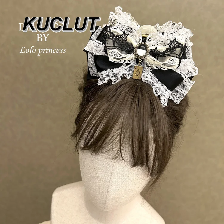

Lolita Style Princess Large New Headwear Femme Black and White Handmade Shark Clip Sweet and Cute Hair Accessory for Girls