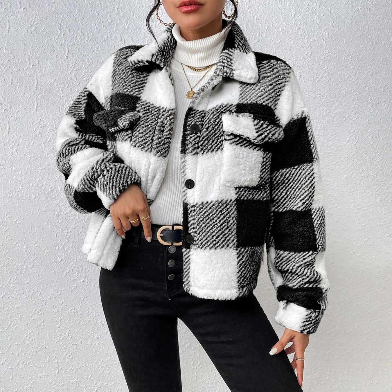 

Autumn Winter Warm Jacket Coat Women's Elegant Fashion Black White Checkered imitation Lamb Wool Lapel Short Versatile Outerwear