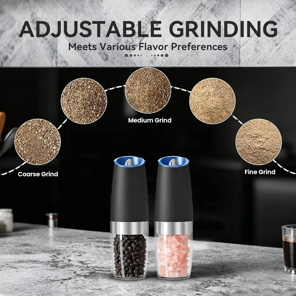 Gravity Electric Salt and Pepper Grinder set of 2, Automatic Salt And Pepper Grinder Set, Adjustable Roughness, Battery Powered